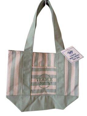 🛍️✨ NWT Mini Trader Joe's Canvas Tote Bag – Green & Beige Stripes 🔥NEW RELEASE